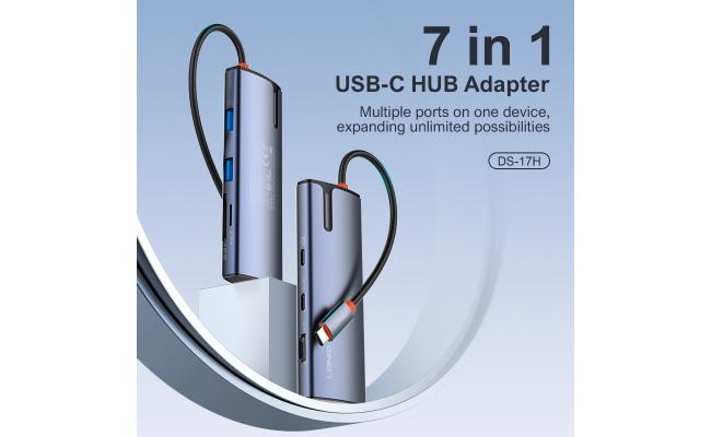 LDNIO DS-17H 7 in 1 USB 3.0 Type C to RJ45, USB HUB Adapter with 4K HDTV Ethernet TF & SD Card Reader - Gray
